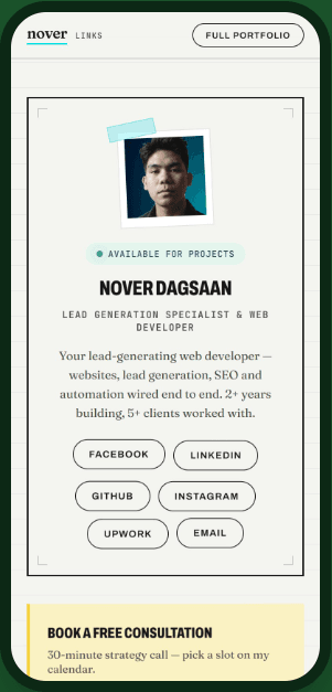 Sample link-in-bio page on a phone, with profile photo, social links and a booking button