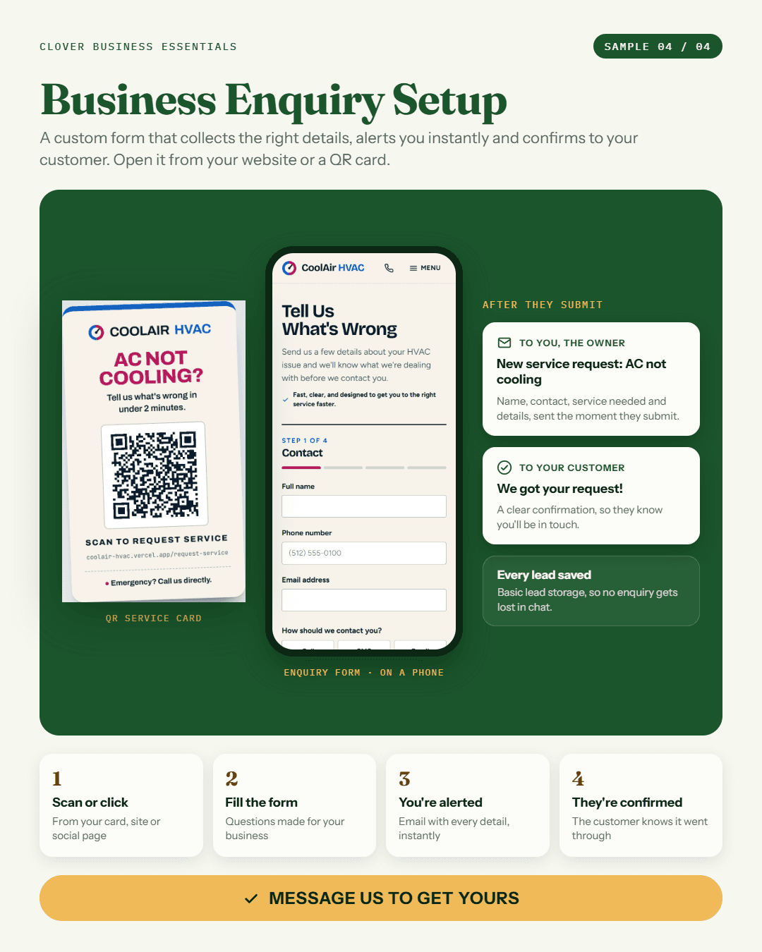 Sample 04: Business Enquiry Setup. A QR service card, an enquiry form on a phone, and the owner alert and customer confirmation that follow.